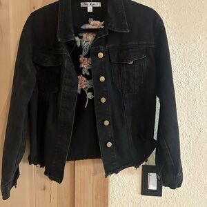 Say What? Black Jean Jacket with Floral Detail